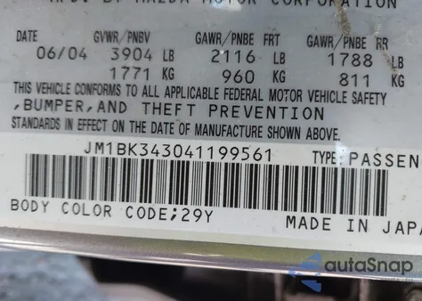 2004 Mazda Mazda3 S from USA, damaged, VIN JM1BK343041199561